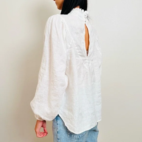 DISSH Linen Blouse Top White High Neck Long Sleeve Boho - Picture 7 of 12
